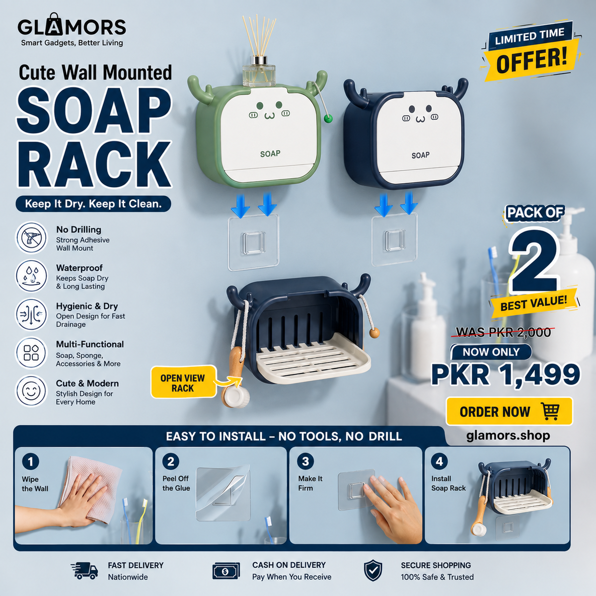 Cute Wall-Mounted Soap Rack – Pack of 2