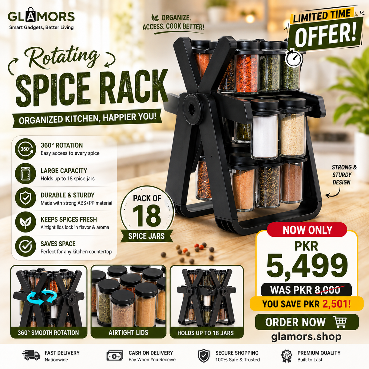 Rotating Spice Rack – 18 Jars | 360° Kitchen Organizer