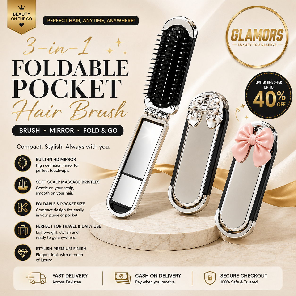 ✨ 3-in-1 Foldable Pocket Hair Brush  (Look Perfect Anytime, Anywhere!)