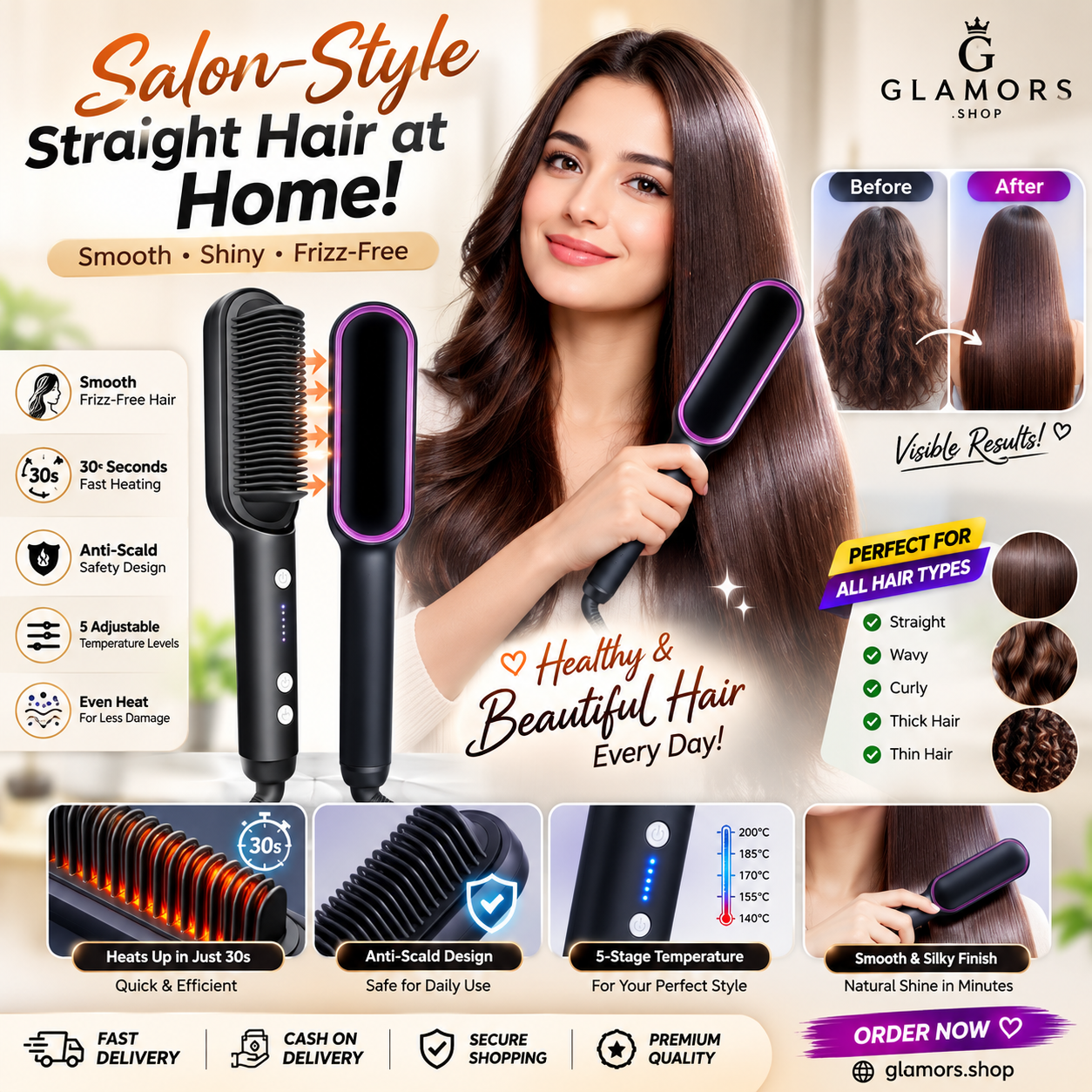 2-in-1 Ionic Hair Straightener Brush